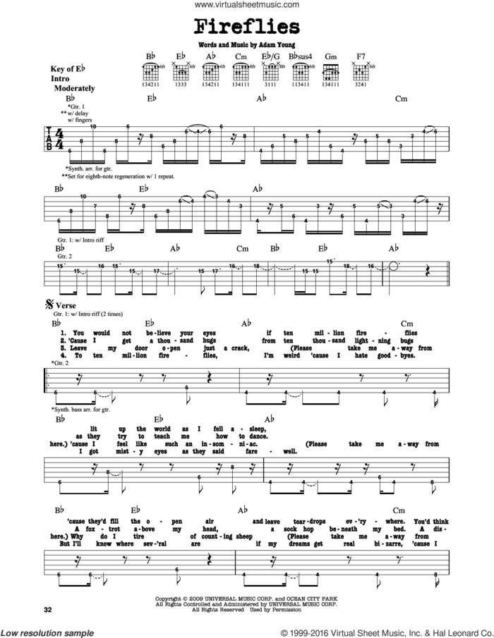 Fireflies sheet music for guitar solo (lead sheet) by Owl City and Adam Young, intermediate guitar (lead sheet)
