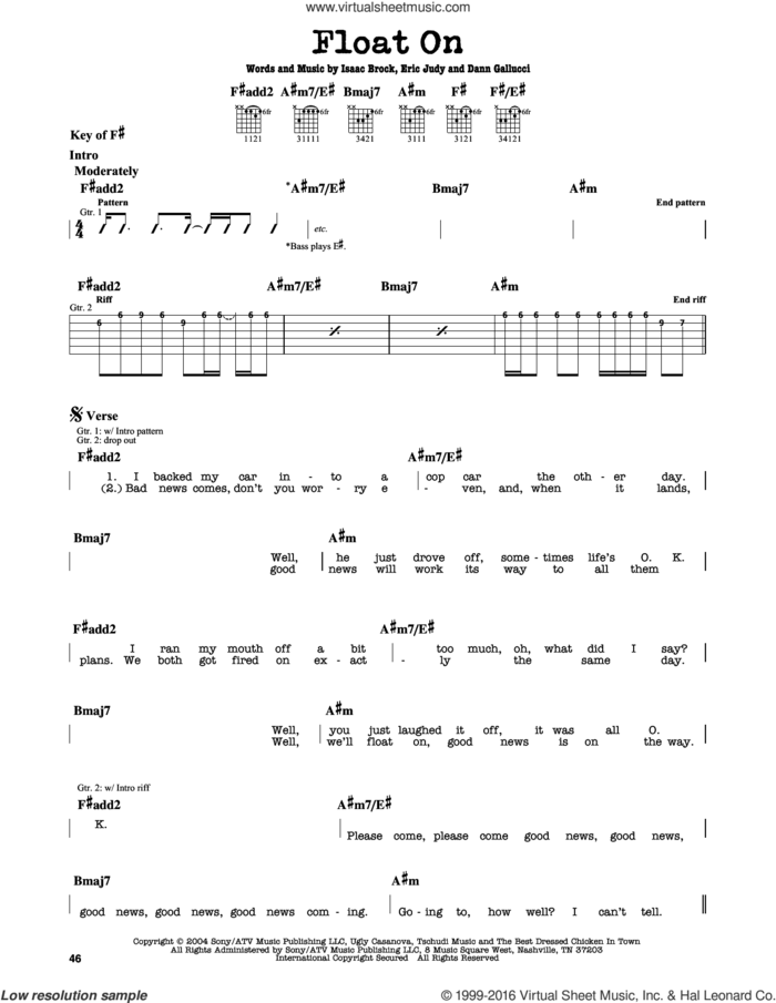 Float On sheet music for guitar solo (lead sheet) by Modest Mouse, Dann Gallucci, Eric Judy and Isaac Brock, intermediate guitar (lead sheet)