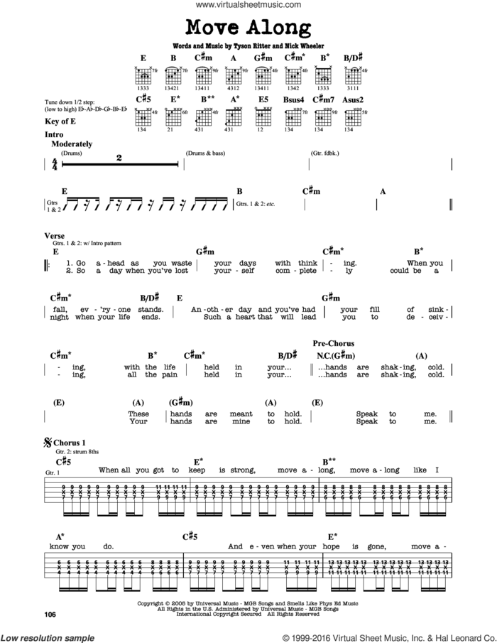 Move Along sheet music for guitar solo (lead sheet) by The All-American Rejects, Nick Wheeler and Tyson Ritter, intermediate guitar (lead sheet)