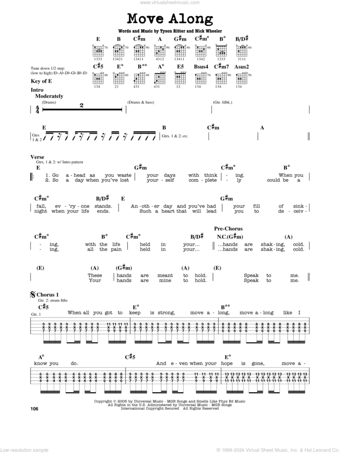Move Along sheet music for guitar solo (lead sheet) by The All-American Rejects, Nick Wheeler and Tyson Ritter, intermediate guitar (lead sheet)