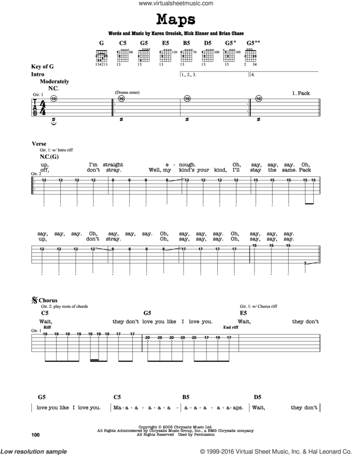 Maps sheet music for guitar solo (lead sheet) by Yeah Yeah Yeahs, Brian Chase, Karen Orzolek and Nick Zinner, intermediate guitar (lead sheet)