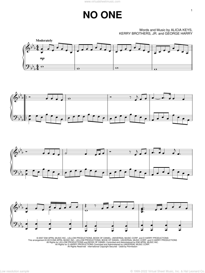 No One sheet music for piano solo by Alicia Keys, George Harry and Kerry Brothers, wedding score, intermediate skill level