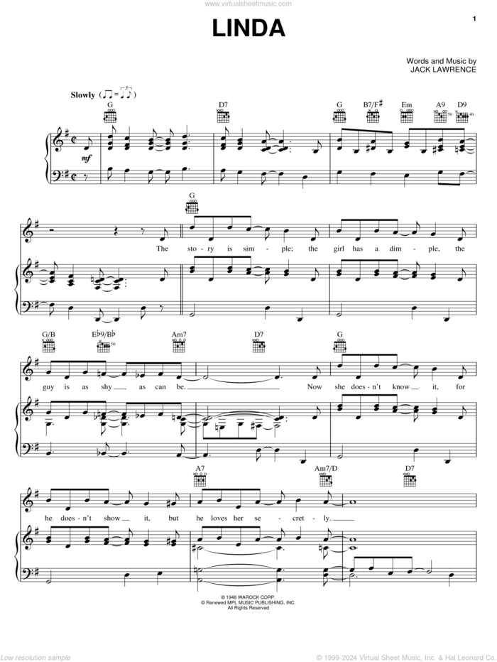 Linda sheet music for voice, piano or guitar by Jack Lawrence, intermediate skill level