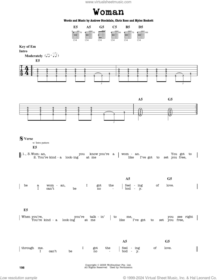 Woman sheet music for guitar solo (lead sheet) by Wolfmother, Andrew Stockdale, Chris Ross and Myles Heskett, intermediate guitar (lead sheet)