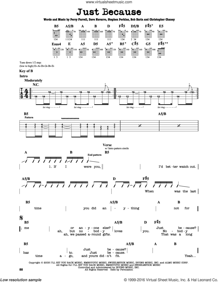 Just Because sheet music for guitar solo (lead sheet) by Jane's Addiction, Bob Ezrin, Christopher Chaney, Dave Navarro and Perry Farrell, intermediate guitar (lead sheet)