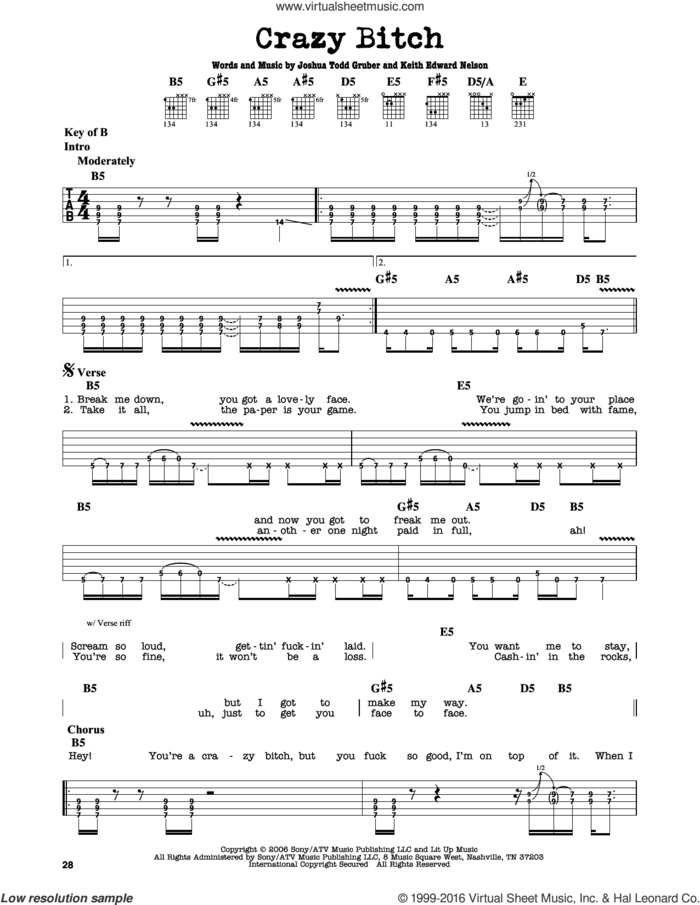 Crazy Bitch sheet music for guitar solo (lead sheet) by Buckcherry, Joshua Todd Gruber and Keith Edward Nelson, intermediate guitar (lead sheet)