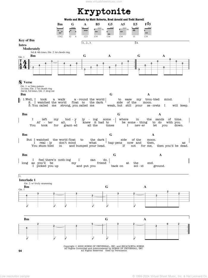 Kryptonite sheet music for guitar solo (lead sheet) by 3 Doors Down, Brad Arnold, Matt Roberts and Todd Harrell, intermediate guitar (lead sheet)