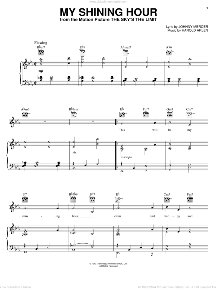 My Shining Hour sheet music for voice, piano or guitar by Harold Arlen and Johnny Mercer, intermediate skill level