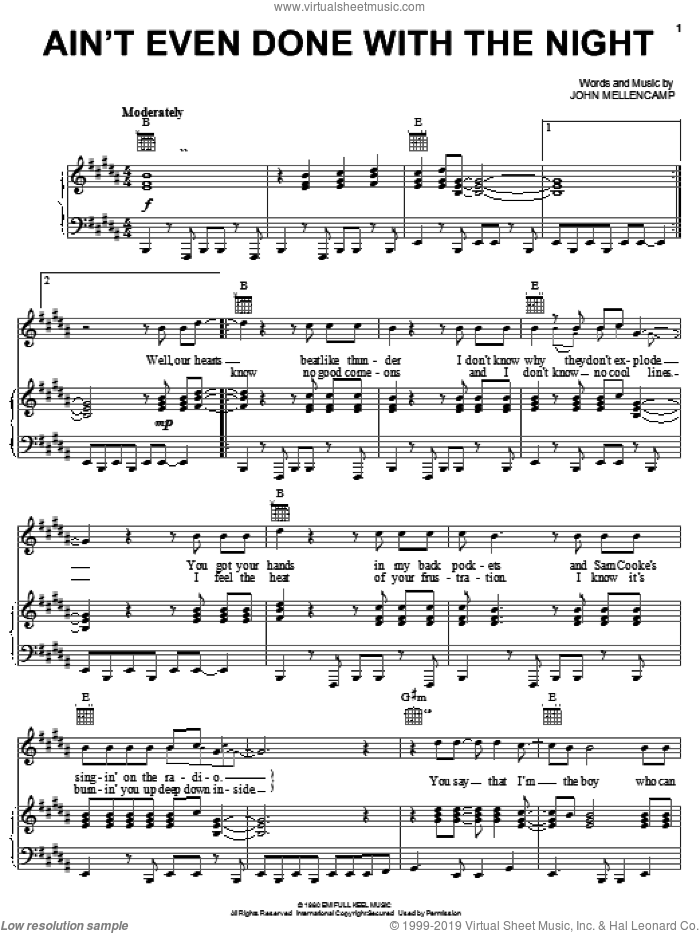 Ain't Even Done With The Night sheet music for voice, piano or guitar by John Mellencamp and John (Cougar) Mellencamp, intermediate skill level