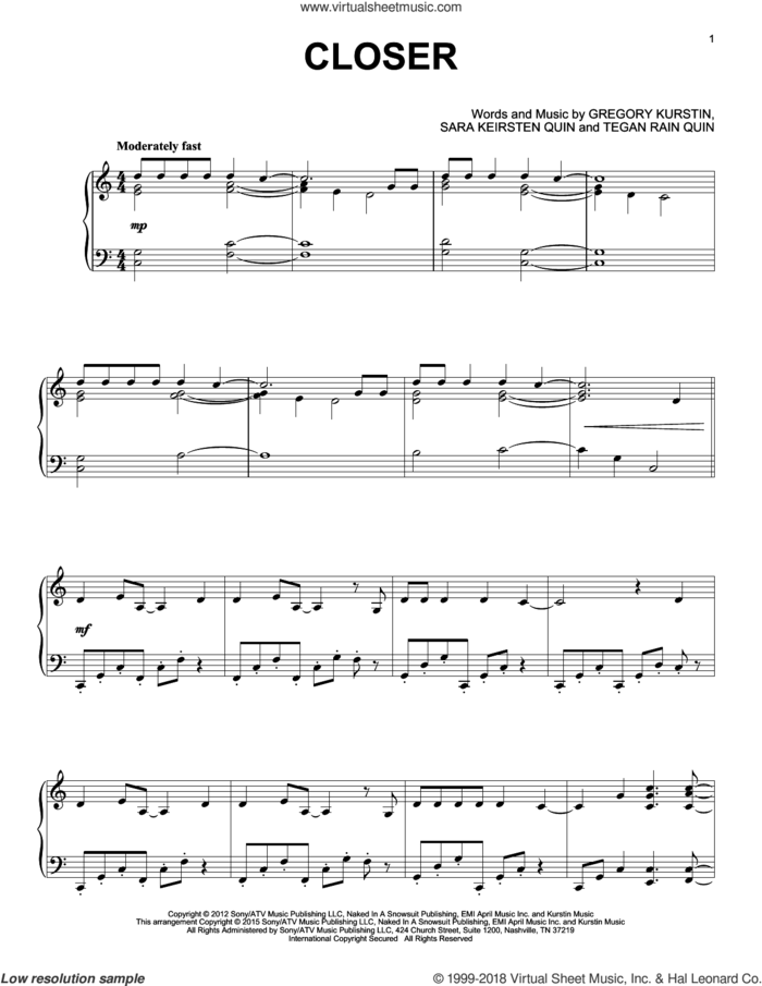 Closer sheet music for piano solo by Tegan Rain Quin, Gregory Kurstin and Sara Keirsten Quin, wedding score, intermediate skill level