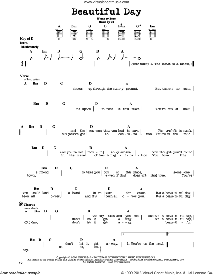 Beautiful Day sheet music for guitar solo (lead sheet) by U2, Lee DeWyze and Bono, intermediate guitar (lead sheet)
