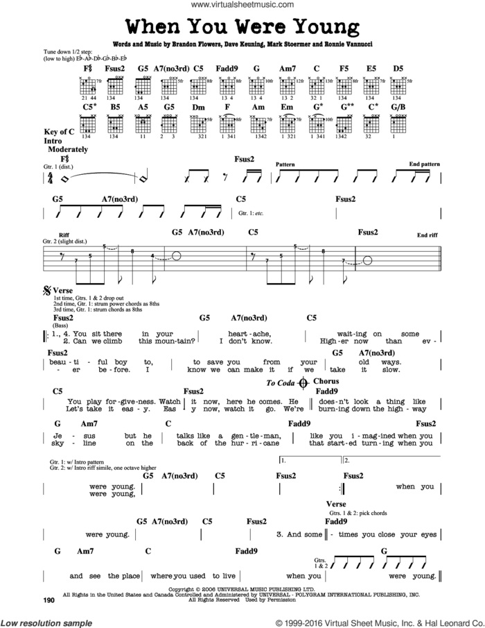 When You Were Young sheet music for guitar solo (lead sheet) by The Killers, Brandon Flowers, Dave Keuning, Mark Stoermer and Ronnie Vannucci, intermediate guitar (lead sheet)