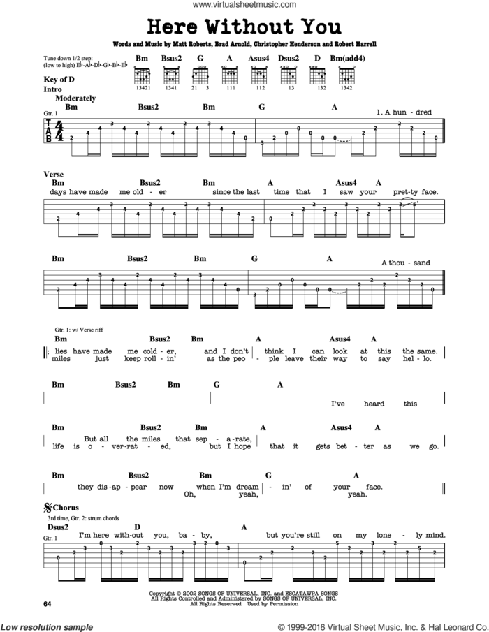 Here Without You sheet music for guitar solo (lead sheet) by 3 Doors Down, Brad Arnold, Christopher Henderson, Matt Roberts and Robert Harrell, intermediate guitar (lead sheet)