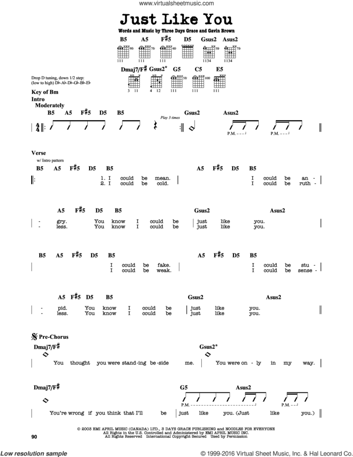 Just Like You sheet music for guitar solo (lead sheet) by Three Days Grace and Gavin Brown, intermediate guitar (lead sheet)