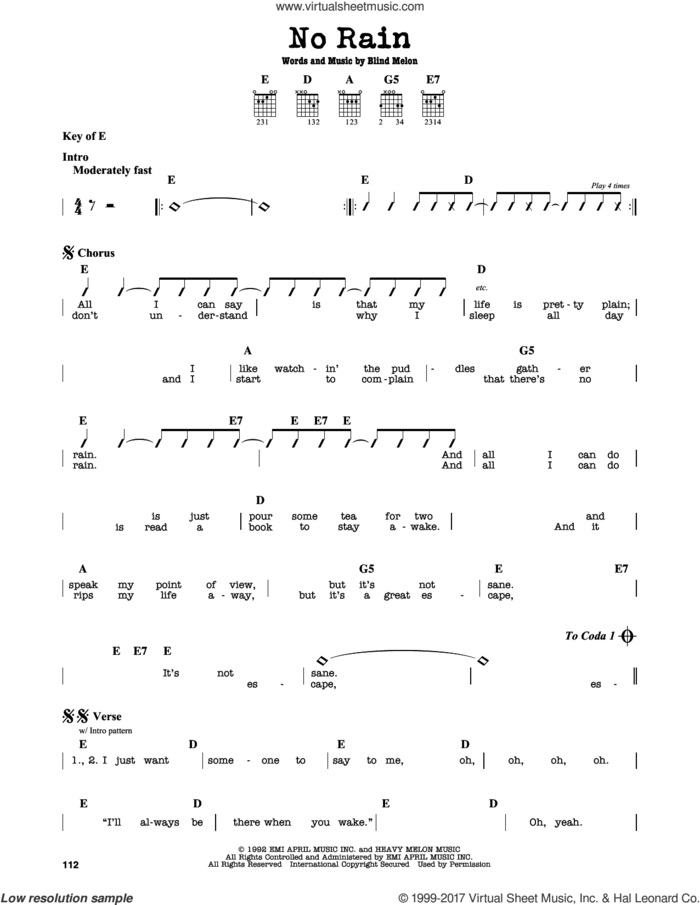 No Rain sheet music for guitar solo (lead sheet) by Blind Melon, intermediate guitar (lead sheet)