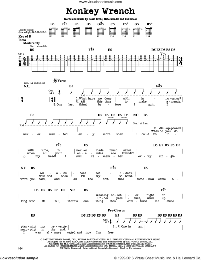 Monkey Wrench sheet music for guitar solo (lead sheet) by Foo Fighters, Dave Grohl, Georg Ruthenberg and Nate Mendel, intermediate guitar (lead sheet)