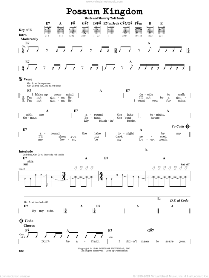 Possum Kingdom sheet music for guitar solo (lead sheet) by The Toadies and Todd Lewis, intermediate guitar (lead sheet)