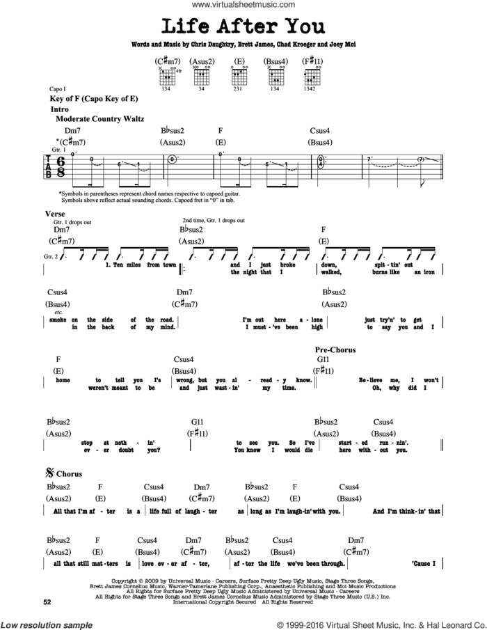 Life After You sheet music for guitar solo (lead sheet) by Daughtry, Brett James, Chad Kroeger, Chris Daughtry and Joey Moi, intermediate guitar (lead sheet)