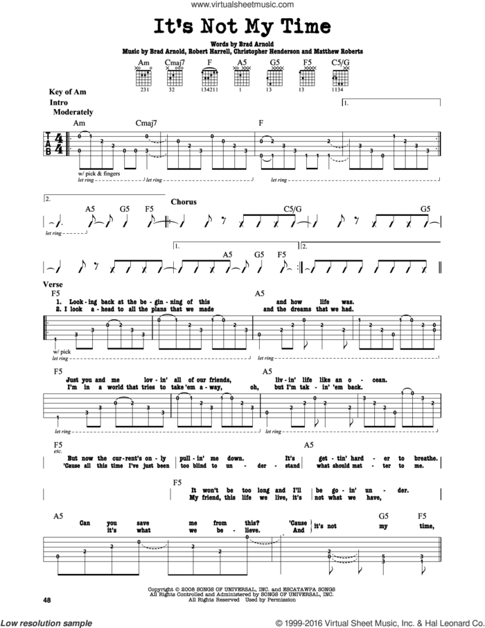 It's Not My Time sheet music for guitar solo (lead sheet) by 3 Doors Down, Brad Arnold, Christopher Henderson, Matthew Roberts and Robert Harrell, intermediate guitar (lead sheet)