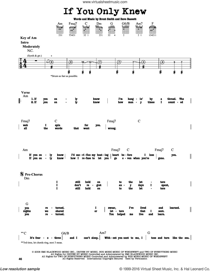 If You Only Knew sheet music for guitar solo (lead sheet) by Shinedown, Brent Smith and Dave Bassett, intermediate guitar (lead sheet)