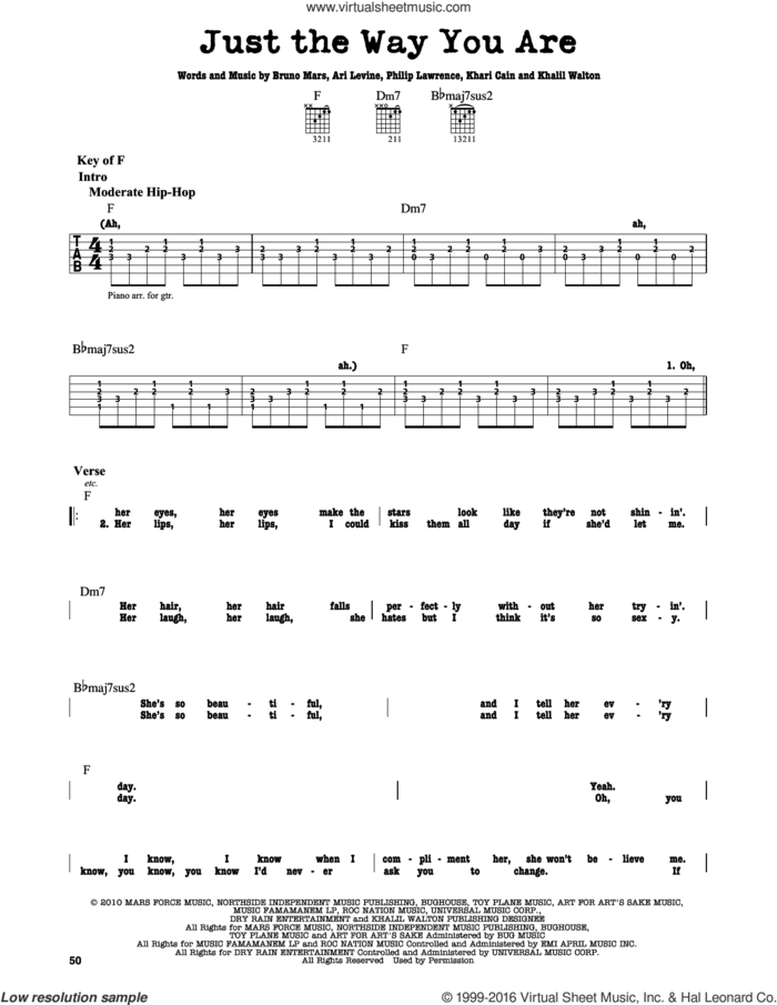 Just The Way You Are sheet music for guitar solo (lead sheet) by Bruno Mars, Ari Levine, Khalil Walton, Khari Cain and Philip Lawrence, wedding score, intermediate guitar (lead sheet)
