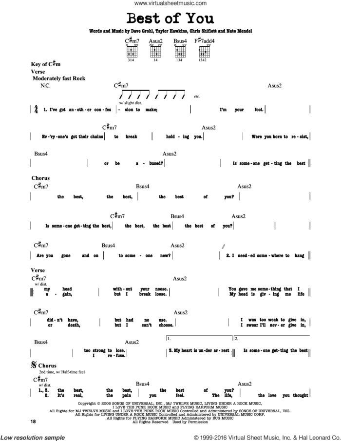 Best Of You sheet music for guitar solo (lead sheet) by Foo Fighters, Chris Shiflett, Dave Grohl, Nate Mendel and Taylor Hawkins, intermediate guitar (lead sheet)