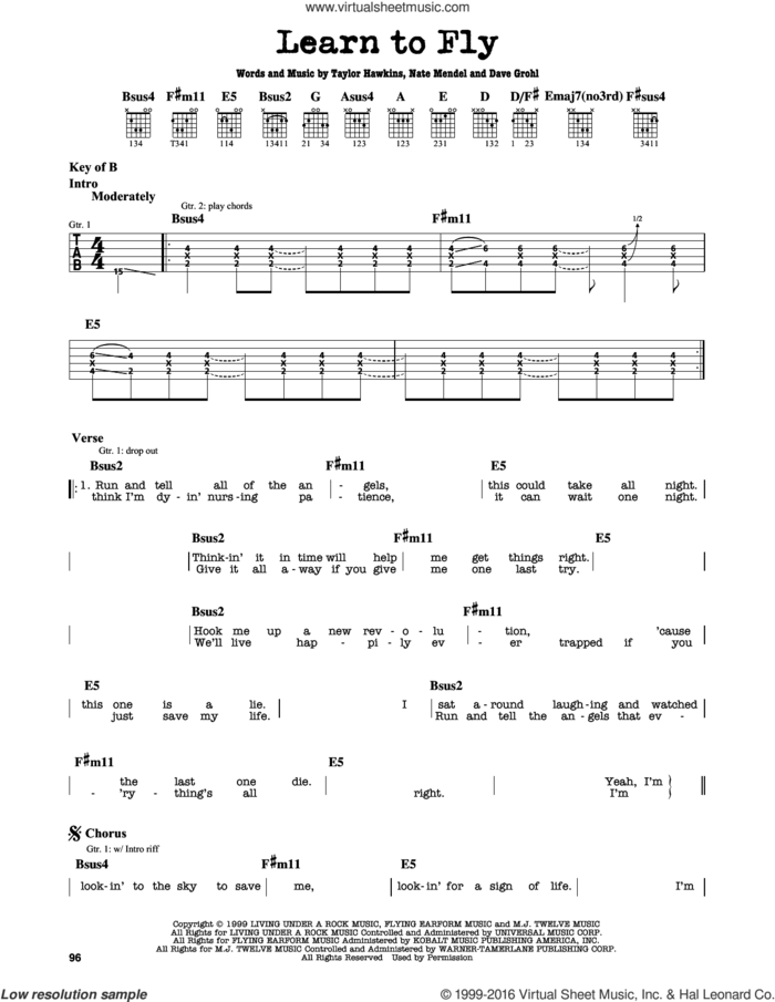 Learn To Fly sheet music for guitar solo (lead sheet) by Foo Fighters, Dave Grohl, Nate Mendel and Taylor Hawkins, intermediate guitar (lead sheet)