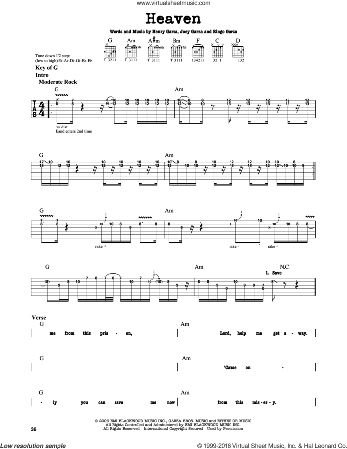Heaven sheet music for guitar solo (lead sheet) by Los Lonely Boys, Henry Garza, Joey Garza and Ringo Garza, intermediate guitar (lead sheet)