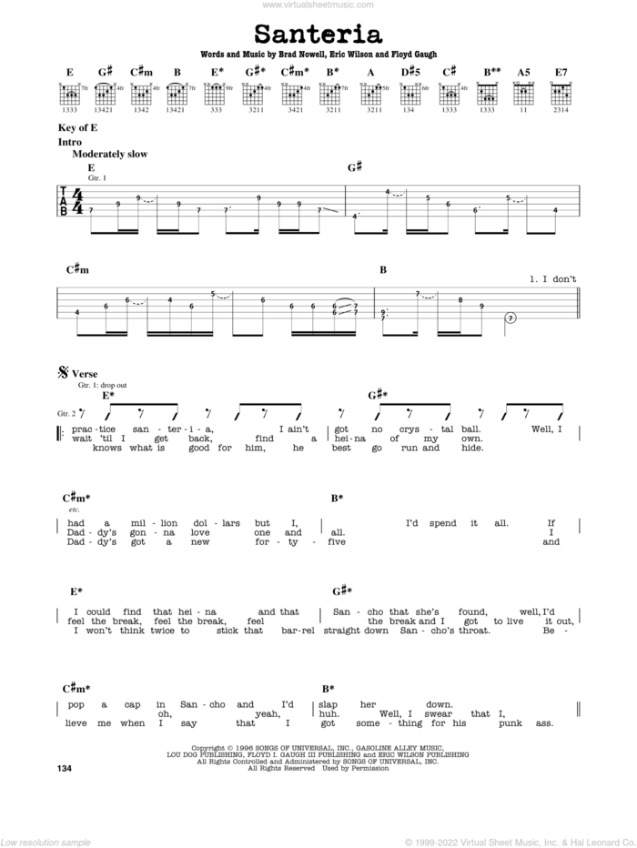 Santeria sheet music for guitar solo (lead sheet) by Sublime, Brad Nowell, Eric Wilson and Floyd Gaugh, intermediate guitar (lead sheet)
