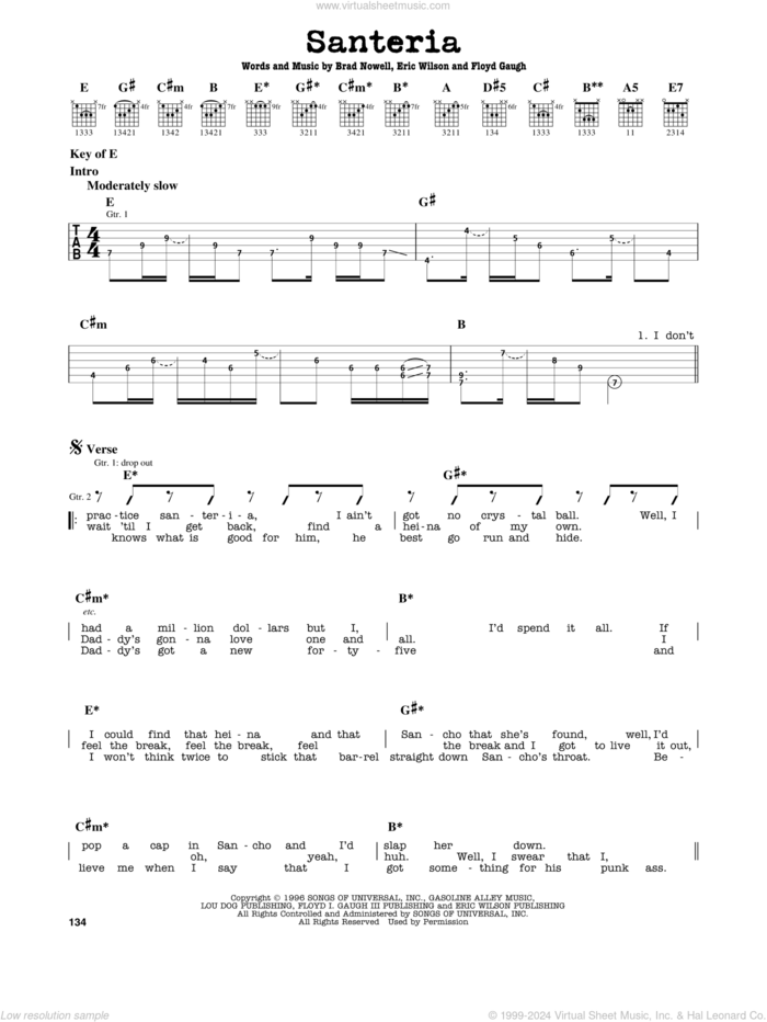 Santeria sheet music for guitar solo (lead sheet) by Sublime, Brad Nowell, Eric Wilson and Floyd Gaugh, intermediate guitar (lead sheet)