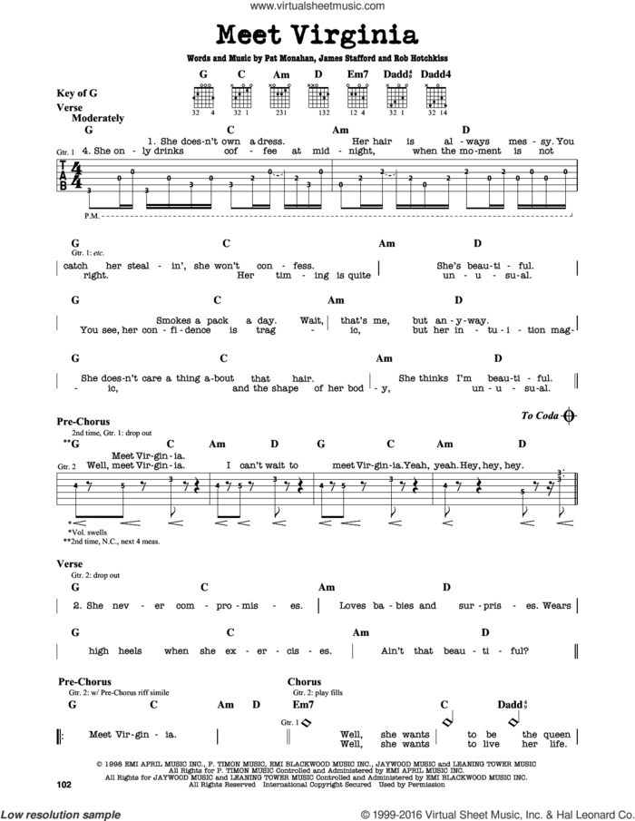 Meet Virginia sheet music for guitar solo (lead sheet) by Train, Charles Colin, James Stafford, Pat Monahan, Robert Hotchkiss and Scott Underwood, intermediate guitar (lead sheet)
