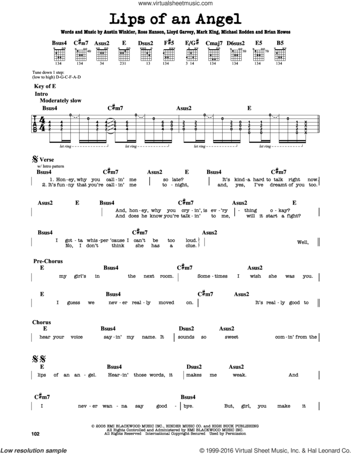 Lips Of An Angel sheet music for guitar solo (lead sheet) by Hinder, Jack Ingram, Austin Winkler, Brian Howes, Lloyd Garvey, Mark King, Michael Rodden and Ross Hanson, intermediate guitar (lead sheet)