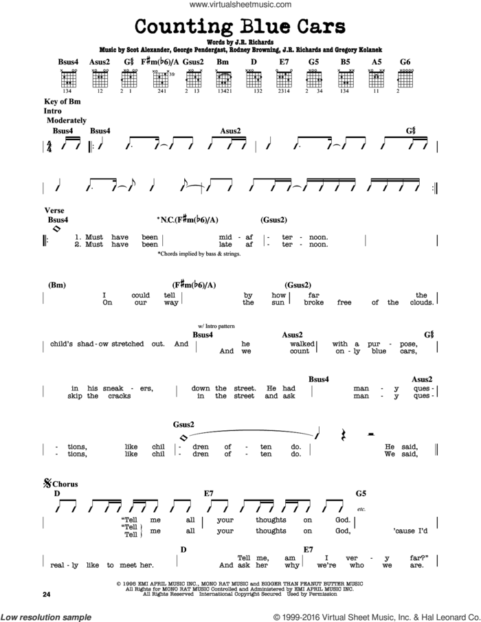 Counting Blue Cars sheet music for guitar solo (lead sheet) by Dishwalla, George Pendergast, Gregory Kolanek, J.R. Richards, Rodney Browning and Scot Alexander, intermediate guitar (lead sheet)