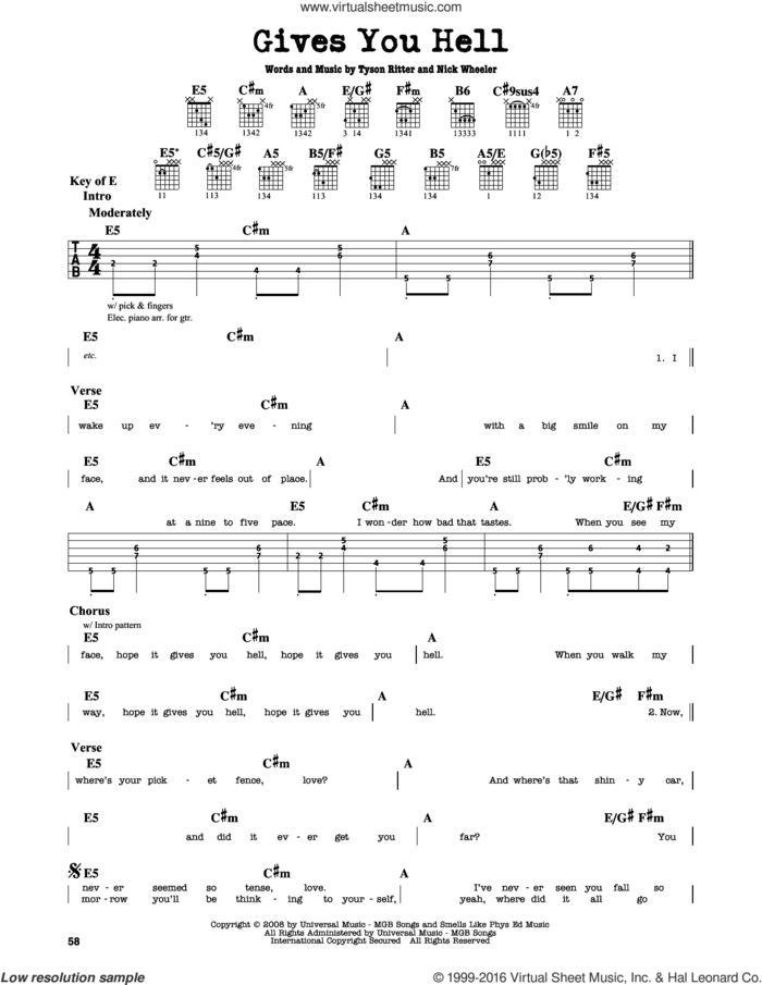 Gives You Hell sheet music for guitar solo (lead sheet) by The All-American Rejects, Nick Wheeler and Tyson Ritter, intermediate guitar (lead sheet)