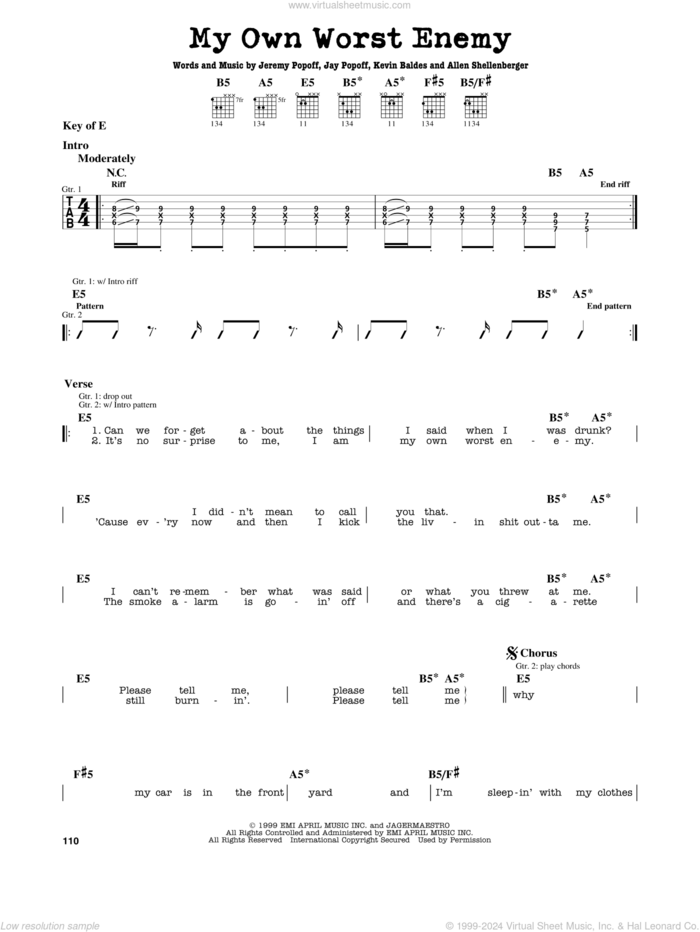 My Own Worst Enemy sheet music for guitar solo (lead sheet) by Lit, Allen Shellenberger, Jay Popoff, Jeremy Popoff and Kevin Baldes, intermediate guitar (lead sheet)