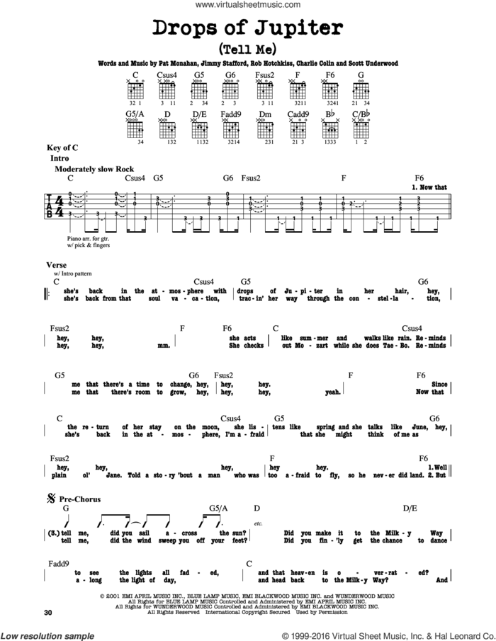 Drops Of Jupiter (Tell Me) sheet music for guitar solo (lead sheet) by Train, Charles Colin, James Stafford, Pat Monahan, Robert Hotchkiss and Scott Underwood, intermediate guitar (lead sheet)