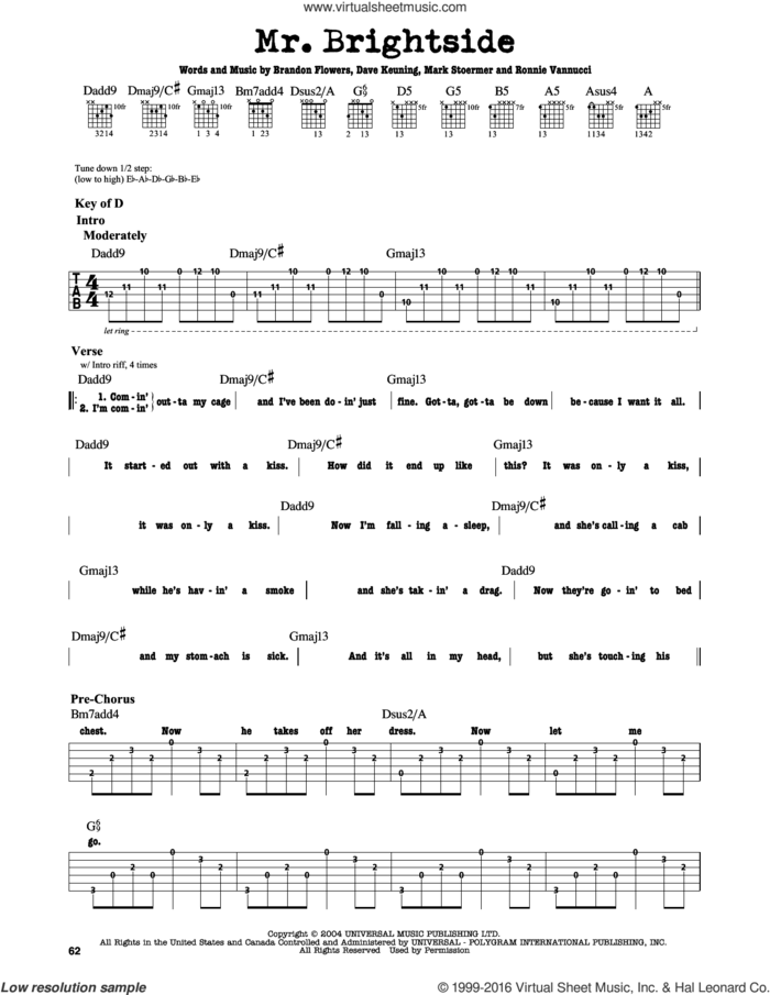 Mr. Brightside sheet music for guitar solo (lead sheet) by The Killers, Brandon Flowers, Dave Keuning, Mark Stoermer and Ronnie Vannucci, intermediate guitar (lead sheet)