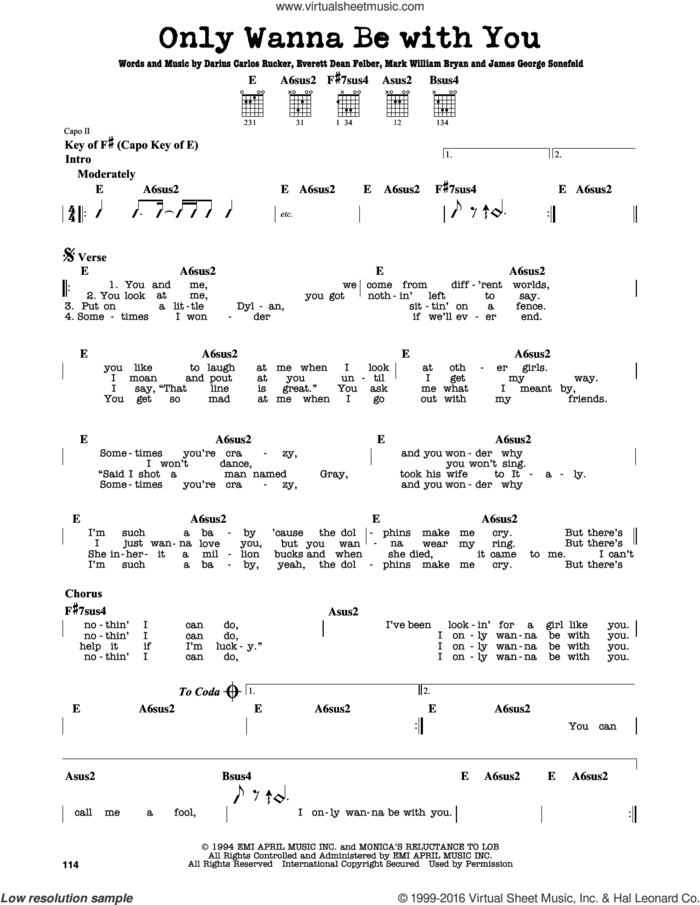 Only Wanna Be With You sheet music for guitar solo (lead sheet) by Hootie & The Blowfish, Darius Carlos Rucker, Everett Dean Felber, James George Sonefeld and Mark William Bryan, intermediate guitar (lead sheet)