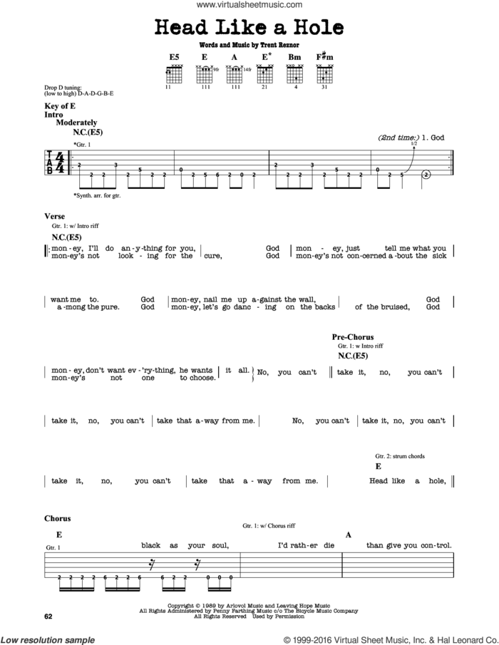 Head Like A Hole sheet music for guitar solo (lead sheet) by Nine Inch Nails and Trent Reznor, intermediate guitar (lead sheet)