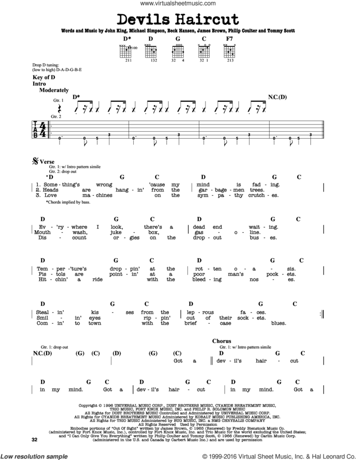 Devils Haircut sheet music for guitar solo (lead sheet) by Beck Hansen, John King and Mike Simpson, intermediate guitar (lead sheet)