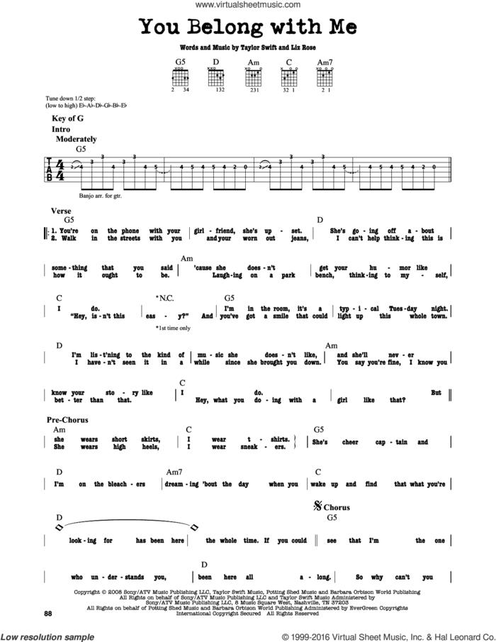 You Belong With Me sheet music for guitar solo (lead sheet) by Taylor Swift and Liz Rose, intermediate guitar (lead sheet)