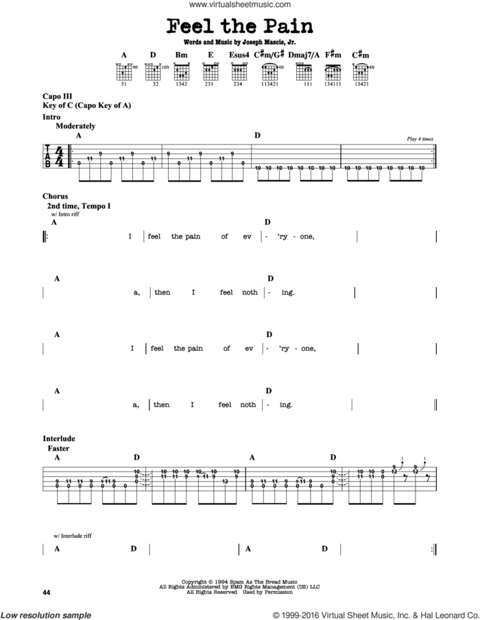 Feel The Pain sheet music for guitar solo (lead sheet) by Dinosaur Jr. and Joseph Mascis, intermediate guitar (lead sheet)