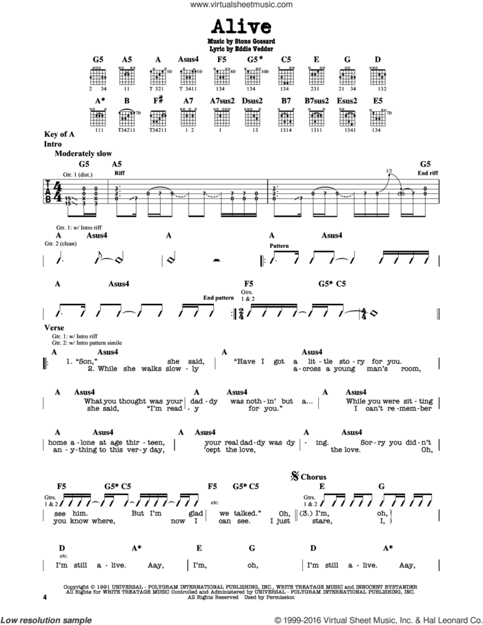Alive sheet music for guitar solo (lead sheet) by Pearl Jam, Eddie Vedder and Stone Gossard, intermediate guitar (lead sheet)