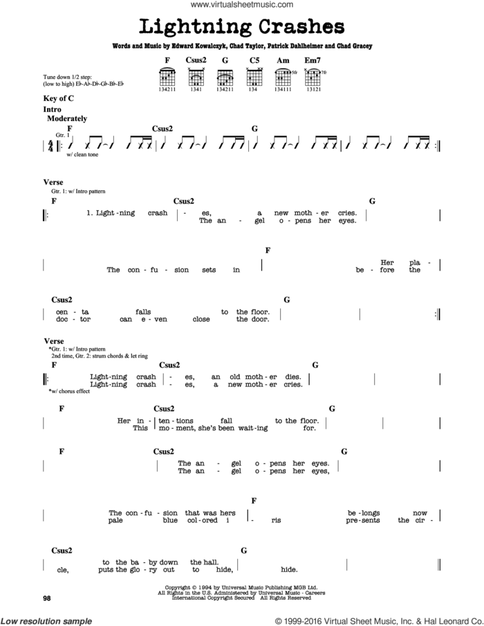 Lightning Crashes sheet music for guitar solo (lead sheet) by Live, Chad Gracey, Chad Taylor, Edward Kowalczyk and Patrick Dahlheimer, intermediate guitar (lead sheet)
