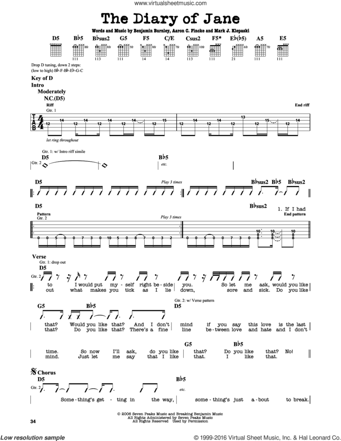 The Diary Of Jane sheet music for guitar solo (lead sheet) by Breaking Benjamin, Aaron C. Fincke, Benjamin Burnley and Mark J. Klepaski, intermediate guitar (lead sheet)