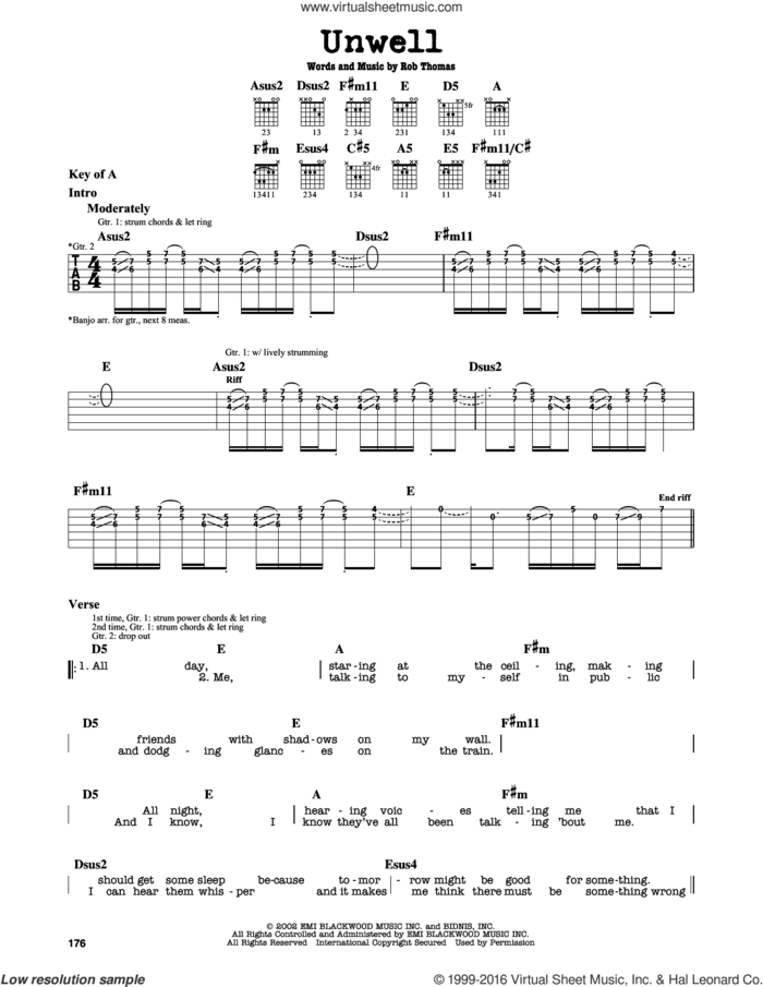 Unwell sheet music for guitar solo (lead sheet) by Matchbox Twenty and Rob Thomas, intermediate guitar (lead sheet)
