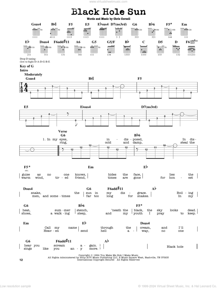Black Hole Sun sheet music for guitar solo (lead sheet) by Soundgarden and Chris Cornell, intermediate guitar (lead sheet)