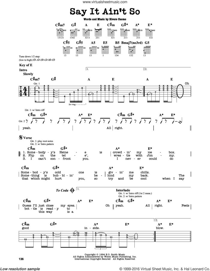 Say It Ain't So sheet music for guitar solo (lead sheet) by Weezer and Rivers Cuomo, intermediate guitar (lead sheet)