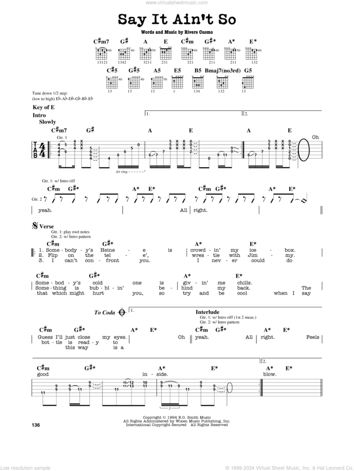 Say It Ain't So sheet music for guitar solo (lead sheet) by Weezer and Rivers Cuomo, intermediate guitar (lead sheet)