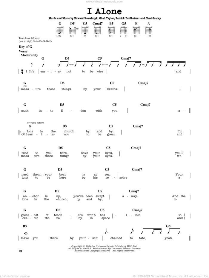 I Alone sheet music for guitar solo (lead sheet) by Live, Chad Gracey, Chad Taylor, Edward Kowalczyk and Patrick Dahlheimer, intermediate guitar (lead sheet)